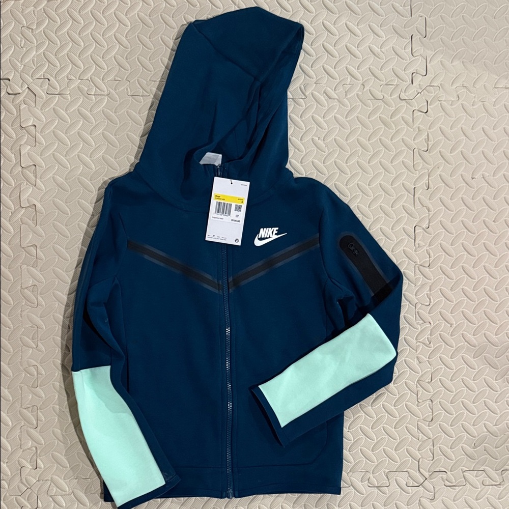 Nike Kids Navy Blue Hooded Zip Jacket with Mint Sleeve Panels